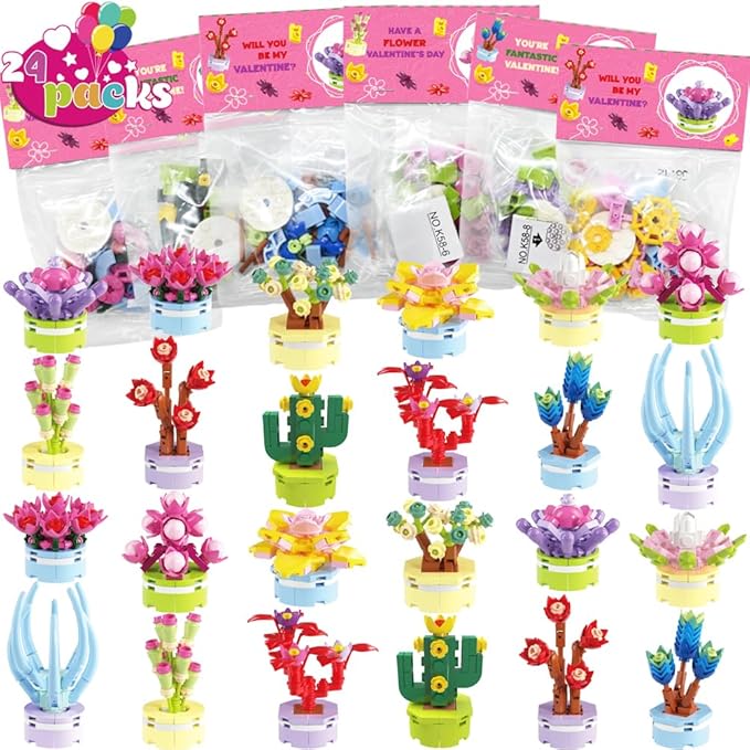 WODMAZ Valentines Day Cards with Plant Building Blocks, 24 Packs Succulents Flower Toys Valentines Day Gifts for Kids School Classroom Exchange, Valentine Party Favor, Valentine's Greeting Cards