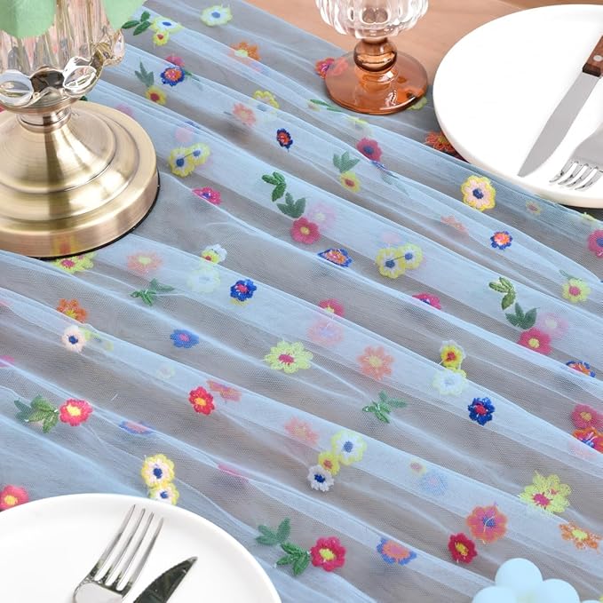 Joanlody Blue Embroidery Daisy Spring Summer Table Runner Florals Seasonal Easter Tulle Table Runner Holiday Kitchen Dining Table Decoration Wedding Party