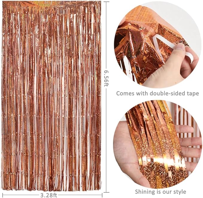TONIFUL 3Pcs Laser Rose Gold Door Streamers,Laser Rose Gold Photo Booth Backdrop Metallic Streamers Foil Fringe Curtains for Birthday,Christmas,New Year,Bachelorette Party Decor(9.9ft x 6.6ft)