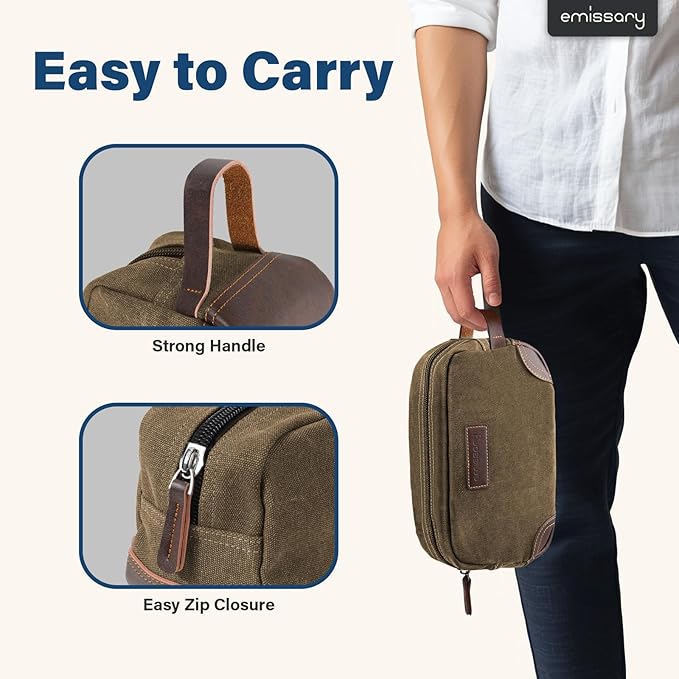 Emissary Men's Leather and Canvas Travel Toiletry Bag, Dopp Kit, Travel Bathroom Bag, Shaving Kit, Small Bags for Travel Accessories (Brown)