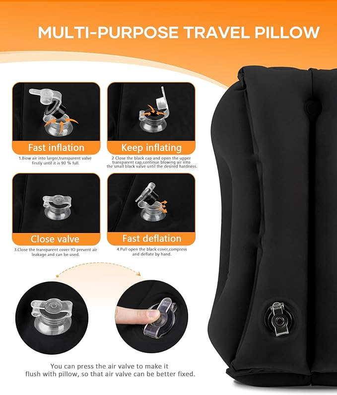 Sunany Travel Pillow, Upgraded Plane Pillow for Long Flights, Inflatable Neck Pillow Used for Airplanes,Cars,Buses,Trains,Office Napping with Eye Mask,Earplugs (Black)