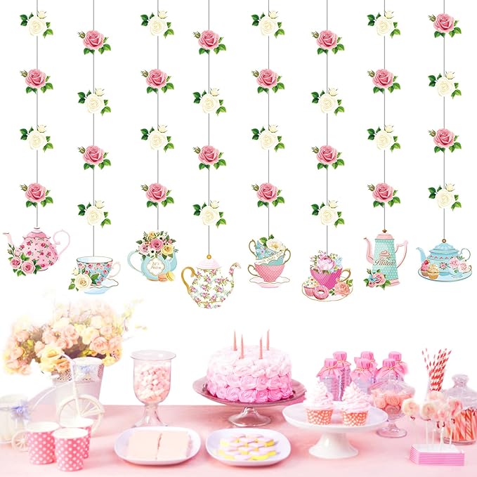 Faccito Floral Tea Party Decorations Double Sided Tea Party Hanging Garland Decor for Baby Shower Gender Reveal Bridal Wedding Favors Girls Women 32", 8 Pack