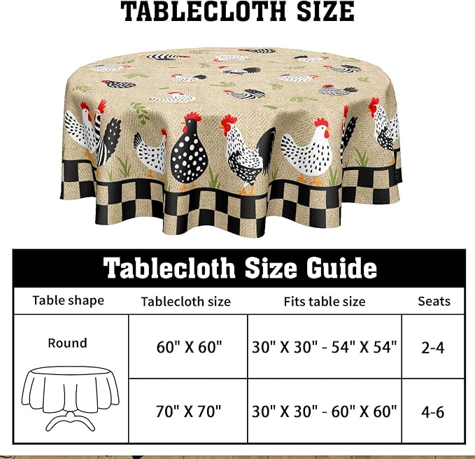 Rooster Round Tablecloth 60 Inch Chicken Farmhouse Circle Table Cloth Rustic Vintage Table Cover Washable Polyester Decorations for Holiday Home Kitchen Dinning Party