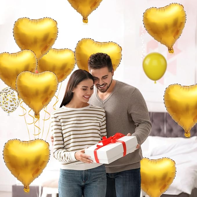 Foil Heart Balloons Gold - 10PCS Heart Shaped, 18inch Metallic Love Foil Balloons for Helium, Golden Wedding, Valentine's Day, Birthday Party, Anniversary