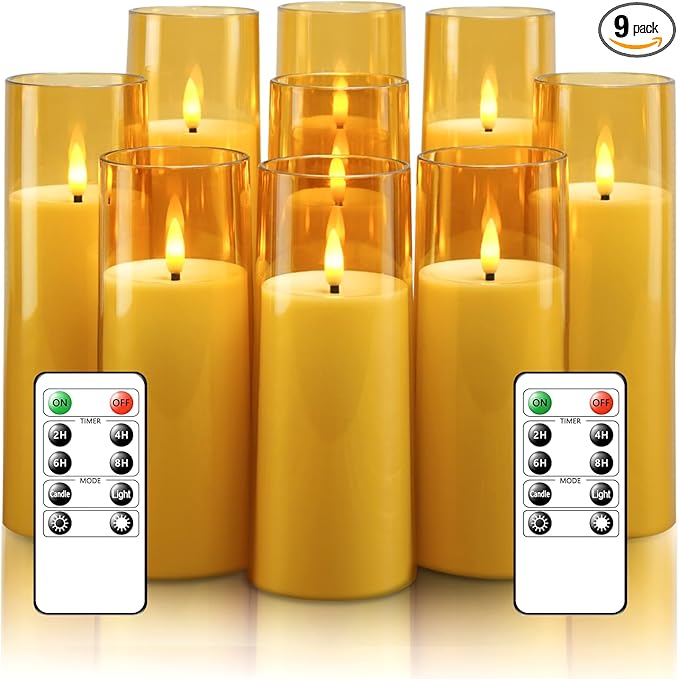 Flickering Flameless Candles Battery Operated with Remote and 2/4/6/8 H Timer Acrylic Led Pillar Candles Pack of 9 (appr D2.3"xH5.5"6.5"7.5")with Realistic 3D Wick Candles for Home Decor(Gold)
