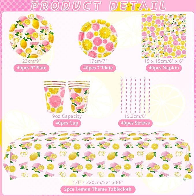 Pink Lemon Party Decoration - Lemon Birthday Party Tableware Supplies Includes Plates, Cups, Napkins, Tablecloth, Straws (40)