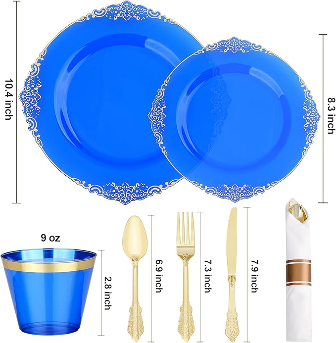 350 PCS Blue and Gold Plastic Plates, Disposable Dinnerware Set for 50 Guests, 100 Disposable Plates, 150 Silverwares, 50 Cups, 50 Napkins for Wedding, Party, Graduation