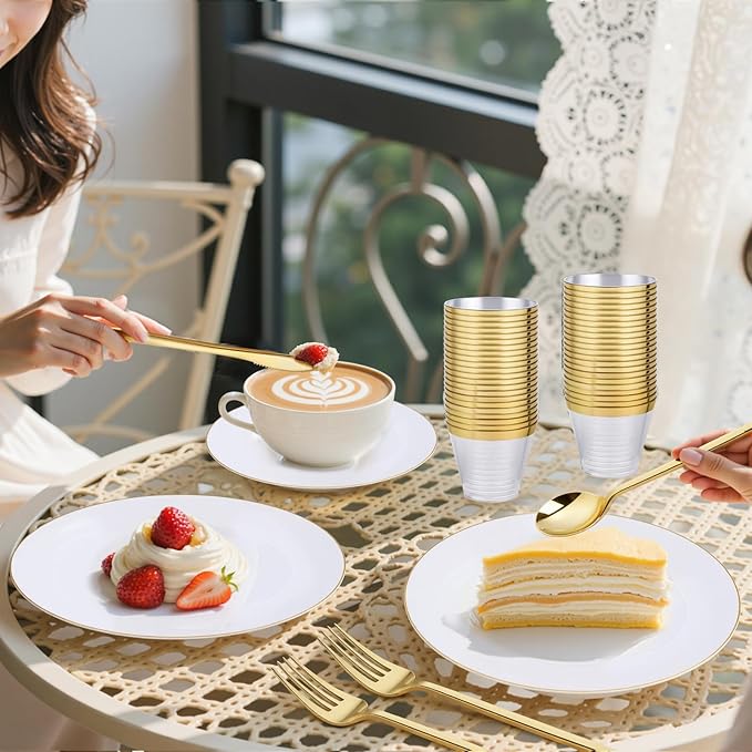 bUCLA 150PCS White and Gold Plastic Plates Disposable - 25 Guests Gold Dinnerware Set - Include 25 Each (Dinner & Dessert) Plates, 25 Knives, 25 Forks, 25 Spoons & 25 Cups for Party