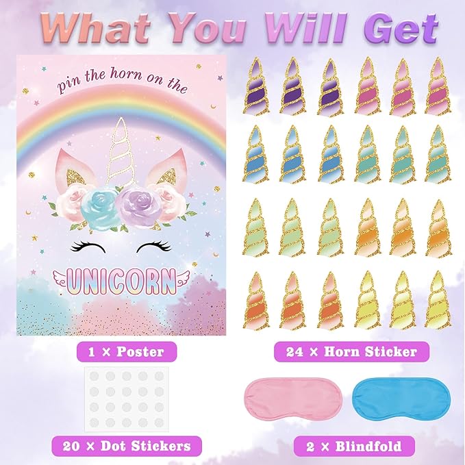 Pin The Horn on The Unicorns Party Game with 24 PCS Horn and Eye Mask for Kids Girls Birthday 21'' x 28'' (Unicorns)