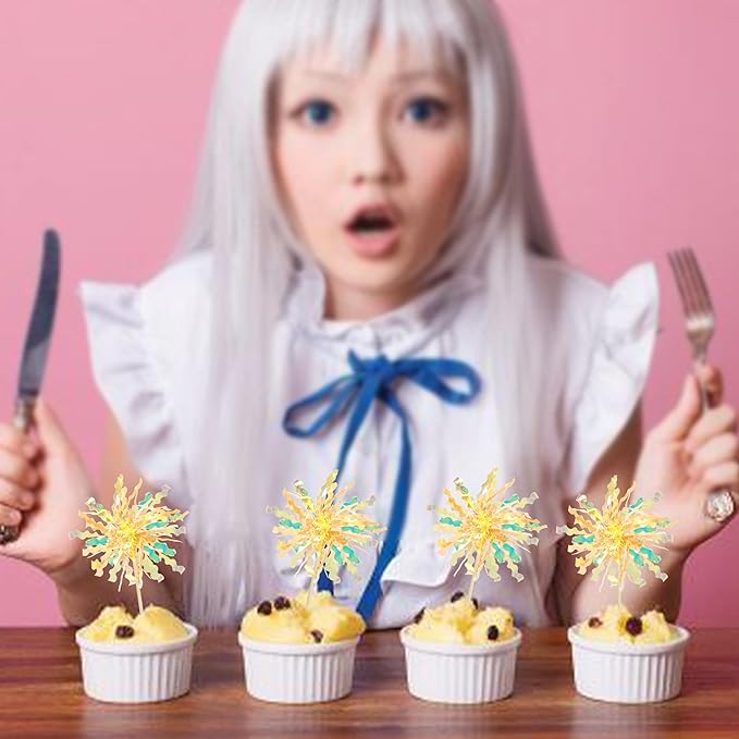 Gyufise 20Pcs Foil Firework Cupcake Toppers Happy Birthday Cake Toppers Tinsel Flower Drink Stirrers Cocktail Food Fruit Toothpicks for Valentine's Day Party Birthday Wedding Supplies Yellow