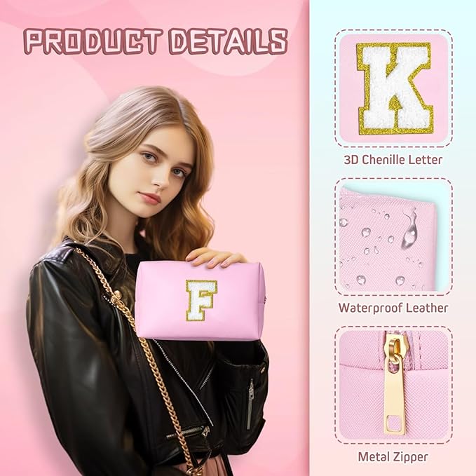 TOPEAST Mothers Day Gifts - Initial Makeup Bag, Birthday Gifts for 4 5 6 7 8 9 10 11 12 Year Old Teen Girls, Teacher Gift Graduation Gift, Personalized Preppy Cosmetic Bags Toiletry Bag (Pink A)