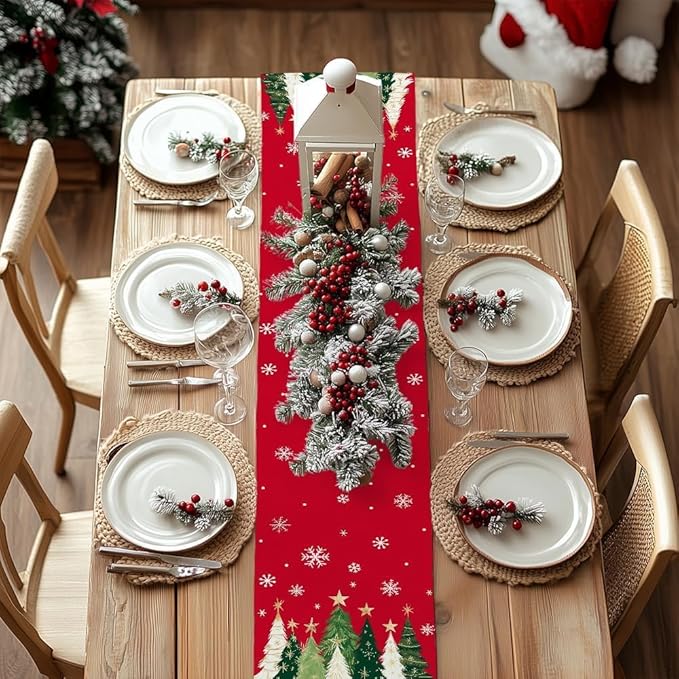 GEEORY Christmas Table Runner 13x72 Inch, Xmas Trees Snowflakes Winter Holiday Decorative Farmhouse Table Decorations for Kitchen Dinning, Indoor Outdoor Dinner Party Decor (Red) GT150-72