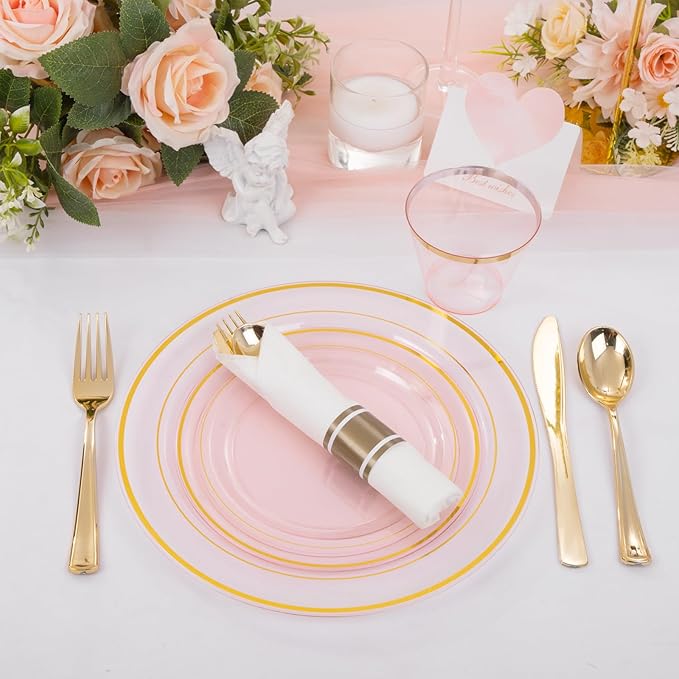 WELLIFE 210Pcs Clear-Pink Plastic Dinnerware- Pink and Gold Plastic Dinnerware include 30 Dinner Plates, 30 Dessert Plates, 90 Gold Silverware, 30 Cups and 30 Napkins Perfect for Parties