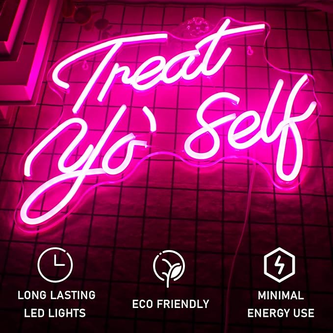 Gamerneon Treat Yourself Neon Sign Pink Led Word Neon Lights Usb Neon Light Signs for Bedroom Home Light Up Letter Neon for Birthday Party Gifts