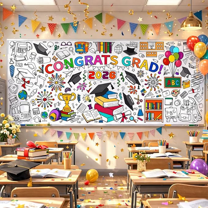 2 PCS Congrats Grad Coloring Tablecloth/Poster, Kindergarten Graduation Gifts, 72" X 30" Gaint Paper Coloring Tablecloth for Kids Crafts Activities, DIY Kindergarten Preschool Graduation Decorations