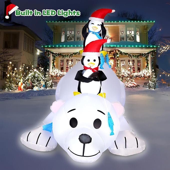 6 FT Christmas Inflatable Outdoor Decoration Polar Bear with Penguins, Xmas Blow Up Yard Decoration with Built-in LED Lights, Suitable for Christmas Party Outdoor, Yard, Garden, Lawn Holiday Decor