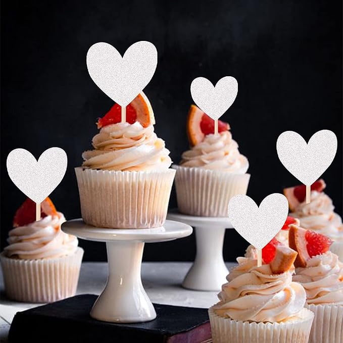 30 PCS Love Heart Cupcake Toppers Glitter Mixed Size Wedding Engagement Cupcake Picks Decorations for Wedding Anniversary Bridal Shower Birthday Valentine's Day Party Supplies Silver