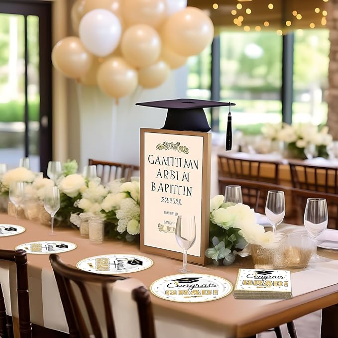 2026 Graduation Party Supplies Tableware Set - 100 Pcs White Gold Graduation Plates and Napkins Class of 2026 Disposable Dinnerware for College High School Congrats Grad Party favors, Serve 25