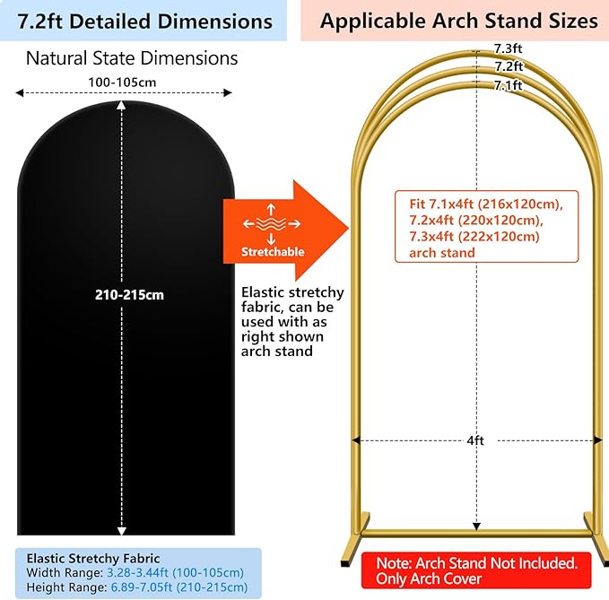 Hemmotop 7.2 ft Black Arch Backdrop Cover (No Arch Stand), Double-Sided Spandex Arch Covers Stretchy Backdrop for Party, Wedding, Birthday, Baby Shower, Reusable for Balloon Arches