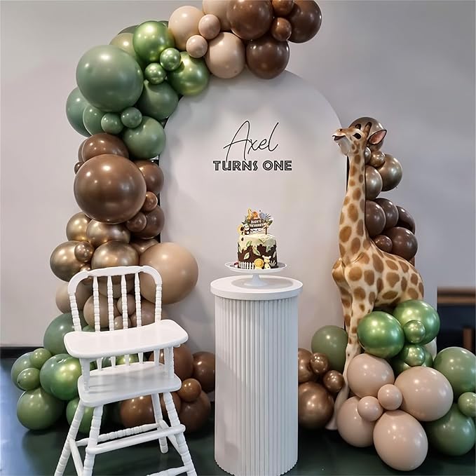 Sage Green Brown Safari Balloons, 60PCS Dusty Olive Green Coffee Beige Metallic Gold Eucalyptus Latex Balloon, Camo Army Hunting Balloons for Woodland Baby Shower Birthday Party Decorations Supplies