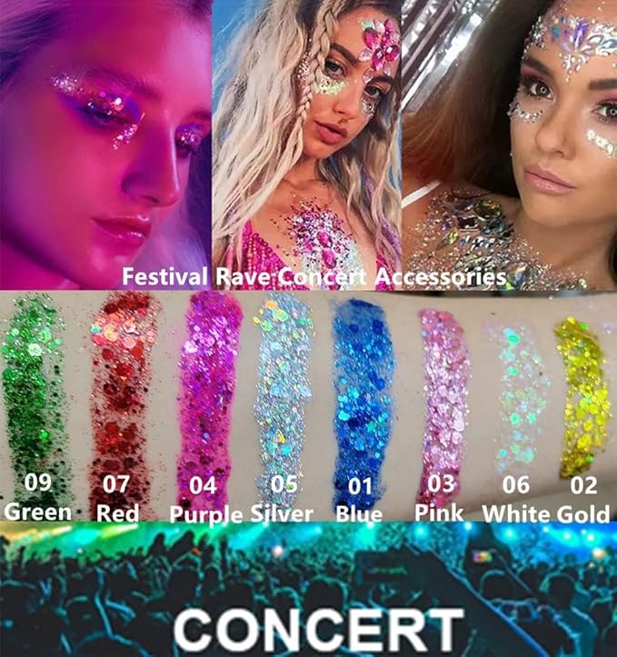 Go Ho Silver and White Body Glitter Set,Singer Concerts Face Glitter Gel Makeup,Holographic Long Lasting Chunky Sequins Glitters for Eye Lip Hair Nails,Festival Rave Accessories,Silver&White