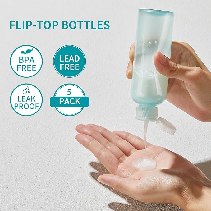 LISAPACK 3.4 oz Travel Bottles for Toiletries, Plastic Travel Size Containers for Shampoo Conditioner TSA Approved, Empty Small Squeeze for Lotion, Leak Proof Mini Liquid Tube Refillable Light Green