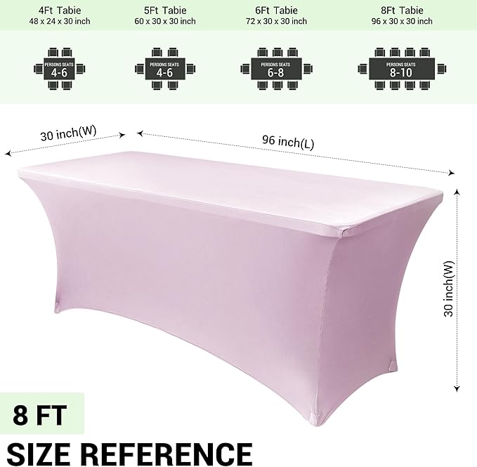 Obstal 8Ft Stretch Spandex Table Cover for Standard Folding Tables - 2 Pack Universal Rectangular Fitted Tablecloth for Party, Banquet, Events, Trade Show (Light Pink, 96L x 30W x 30H Inches)