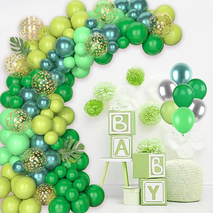 Paready Green Balloon Arch Kit, 120Pcs Dark Green Balloon Garland Kit Light Fruit Metallic Green Party Balloons Gold Confetti Balloons for Kids Jungle Theme Birthday Dinosaur Party Baby Shower