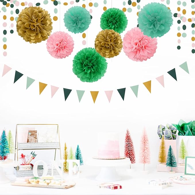 Sage-Green Pink Gold Paper Garland - 52Ft Glitter Paper Hanging Decoration Streamer Banner,Baby Bridal Shower Safari Birthday Tropical Party Decorations Jungle Theme Wedding Bunting Lasting Surprise