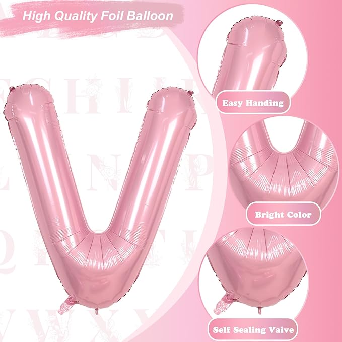 40 Inch Pastel Pink Letter Balloon, Giant Custom Alphabet V Foil Balloon Baby Pink, Mylar Self Inflating Balloon Pearl Pink Letter V, Letter V Balloons for Women Girls Birthday Party Decorations
