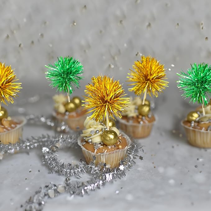 Gyufise 30Pcs Foil Firework Cupcake Toppers Sparkle Tinsel Cake Toppers Tinsel Drink Cake Decoration Cocktail Picks for Birthday Wedding Graduation Party Supplies Gold Green