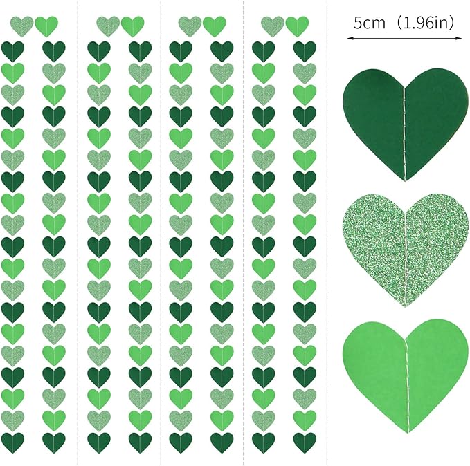 Green Party-Decorations Heart Paper-Garland Streamers-Banner - 52Ft St Patricks Day Decorations, Spring Summer Birthday Wedding Engagement Baby Shower Hanging Decor Ouruola