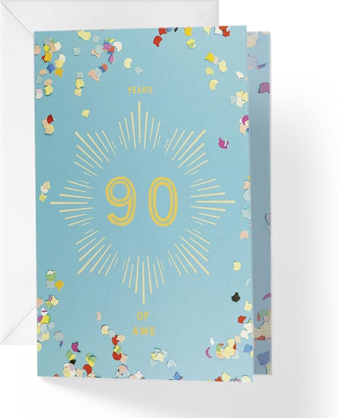 90th Birthday Card with Envelope - Baby Blue & Confetti Heartfelt Message | 5”x7.5” | (Single Card)