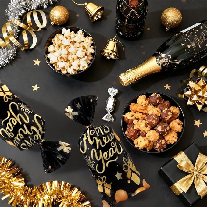 Happy New Year Cellophane Treat Bags, 200 PCS New Years Candy Goodie Gift Bags for Party Favors, Black Gold Plastic Cookie Snack Bag with Twist Ties for 2026 NYE Eve Party Holiday Decorations Supplies