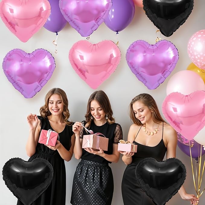 Pink Purple Heart Balloons,12Pcs Black Pink Heart Shaped Foil Balloons,18Inch Purple Pink Helium Polyester Film Balloon for Baby Shower Birthday Anniversary Wedding Party Decorations