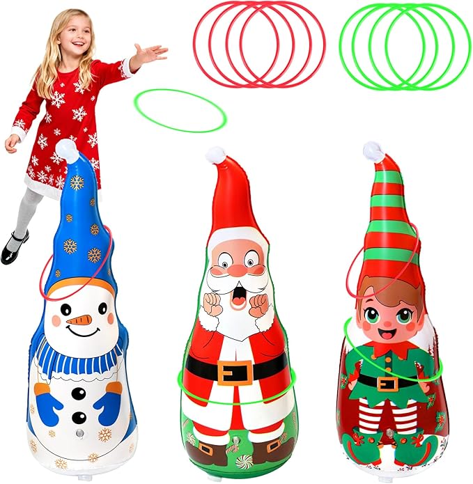 Christmas Games Gifts for Kids Family, Christmas Inflatable Santa, Snowman & Elf Ring Toss Game Set, Office Party Favors Supplies, Indoor Outdoor Carnival Party Decorations Toys