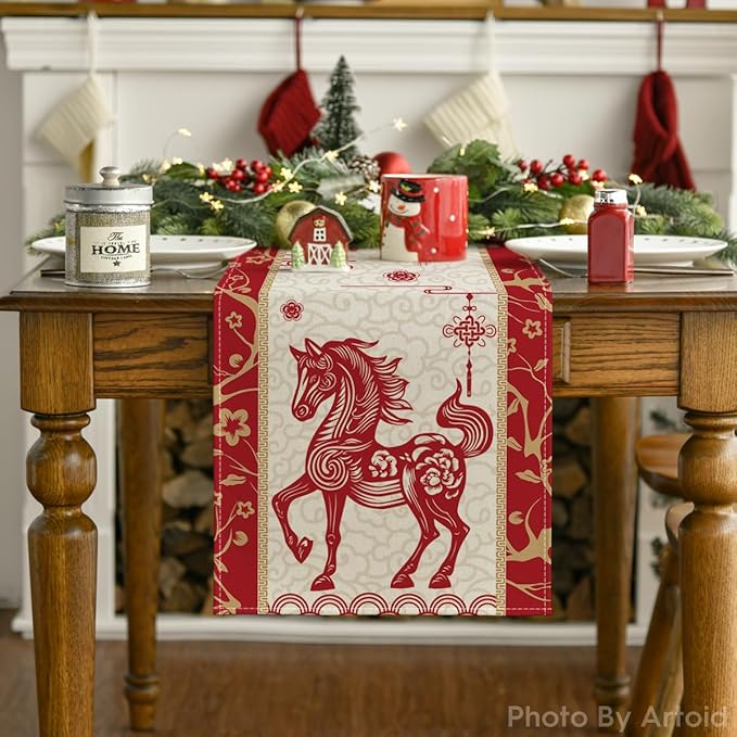Artoid Mode Paper Cutting Style Chinese Zodiac Horse Happy 2026 Lunar New Year Table Runner, Spring Festival Winter Kitchen Dining Table Decoration for Home Party 13x120 Inch