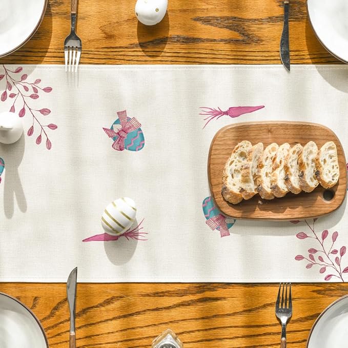 Artoid Mode Green Blue Pink Rabbit Bunny Happy Easter Table Runner, Seasonal Holiday Kitchen Dining Table Decoration for Home Party Decor 13 x 36 Inch
