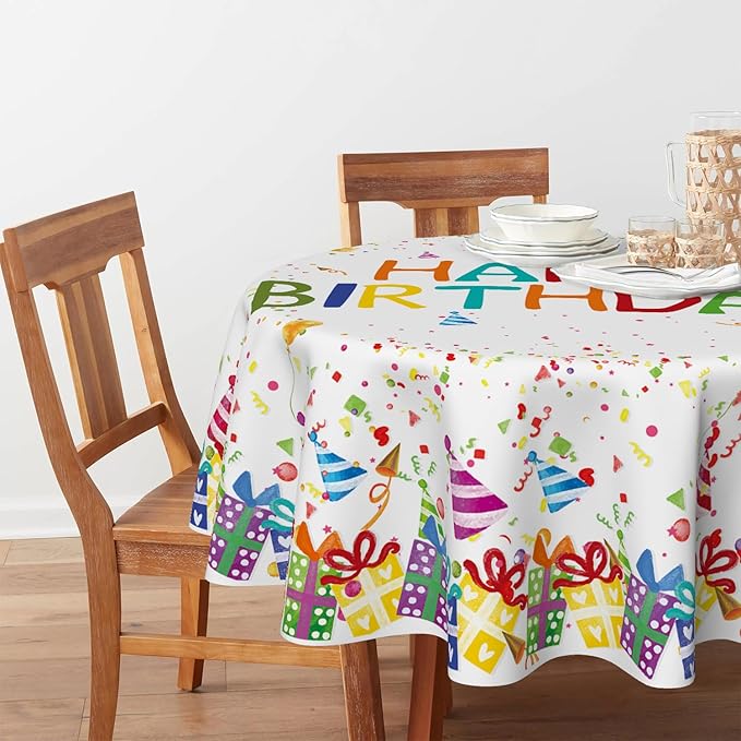 Horaldaily Birthday Tablecloth 48x48 Inch Round, Happy Birthday Ballon White Washable Seasonal Table Cover for Party Picnic Dinner Decor