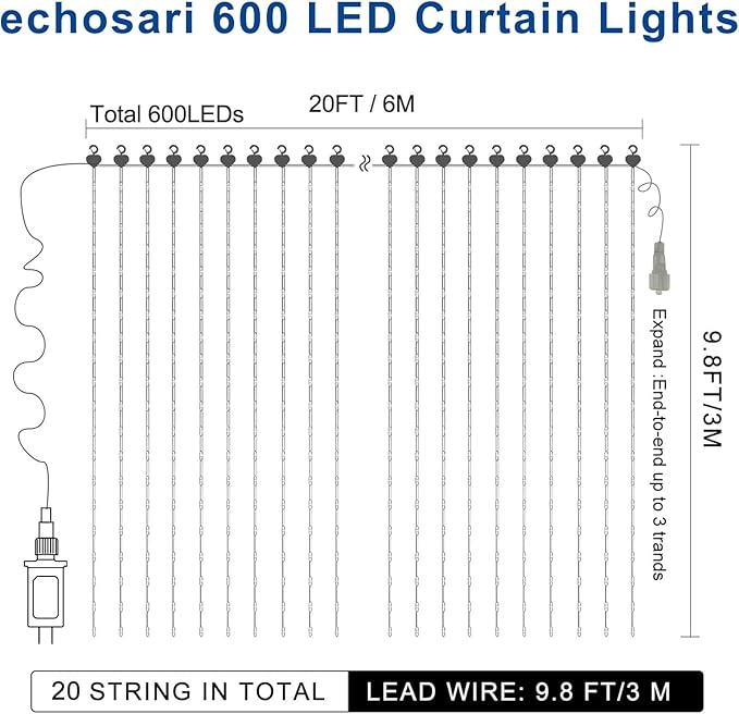 echosari 20Ft x 10Ft Large Curtain Lights Plug in, 600 LED Dual Color Changing Outdoor Curtain Lights Waterproof Connectable with Remote for Wedding Backdrop Yard Decor (Cool White & Multicolor)
