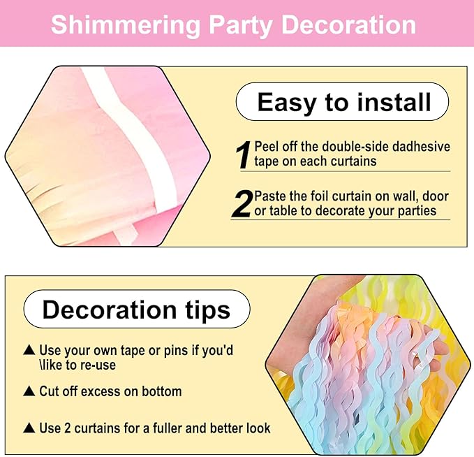 4 Pack Light Rainbow Wave Foil Fringe Curtain Backdrop, 3.28Ft x 8.2Ft Metallic Tinsel Foil Fringe Streamer Curtains for Photo Booth, Mother's Day, Easter, Birthday, Wedding Party Decoration