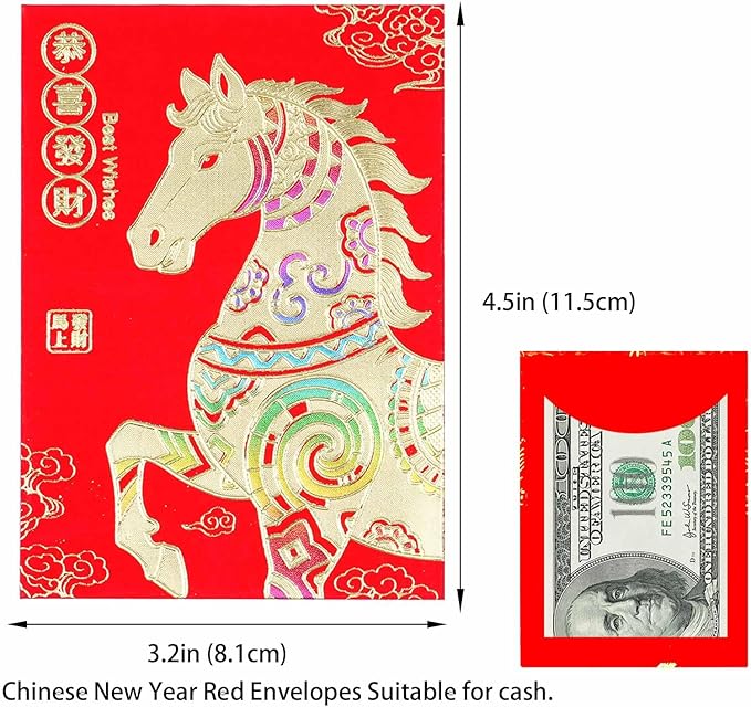Red Envelopes Chinese New Year Of The Horse 2026,红包, Lucky Money Envelopes For Lunar New Year, Li Xi Hongbao With 6 Gold Embossed Patterns Colorful 36Pcs Medium