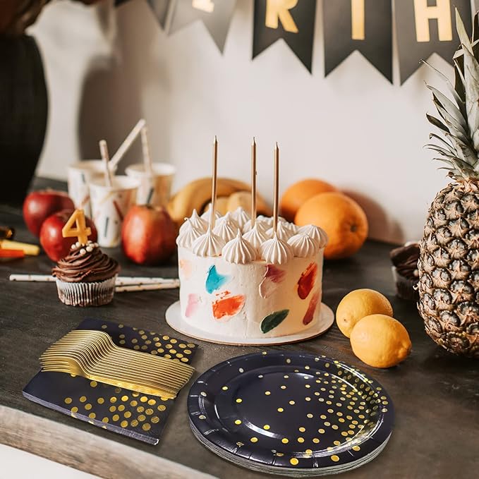 Serves 35 Guests Black and Gold Plates and Napkins Party Supplies,7" Black Paper Plates and Napkins,Disposable Party Dinnerware for Birthday Wedding,Graduation