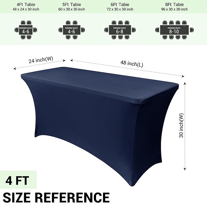 Obstal 4Ft Stretch Spandex Table Cover for Standard Folding Tables - 2 Pack Universal Rectangular Fitted Tablecloth for Party, Banquet, Events, Trade Show (Navy Blue, 48L x 24W x 30H Inches)
