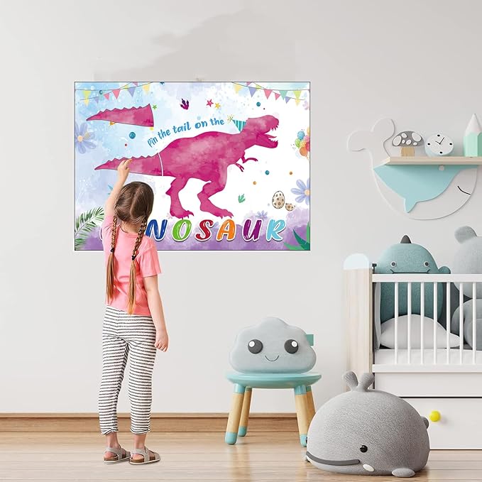 T-Antrix Pin The Tail on The Dinosaur Game -Dinosaur Party Games for Kids Girls with 21'' x 28'' Poster, Reusable Pink Tails Party Supplies for Kids Girls Birthday Party Favor Sets