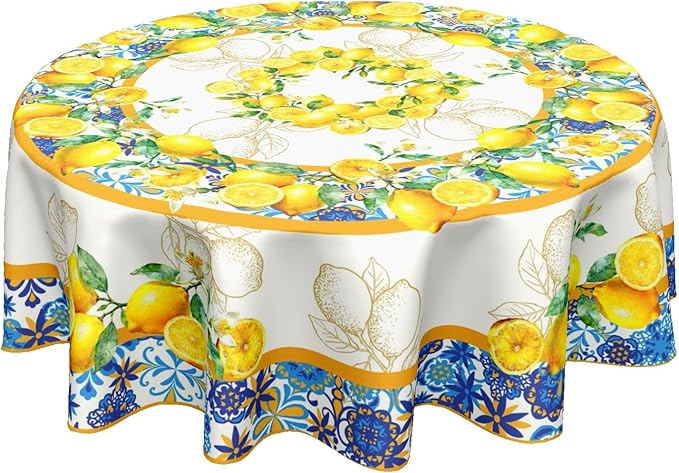 Lemon Round Tablecloth 60 Inch Yellow and Blue Circle Table Cloth Summer Holiday Table Cover Washable Polyester Decorations for Season Home Kitchen Dinning Party