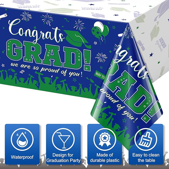 3 Pack Graduation Tablecloth Party Decorations, Class of 2026 Congrats Grad Plastic Tablecover Party Supplies, Blue and Green Rectangle Graduation Table Decor for College High School Party, 54x108Inch