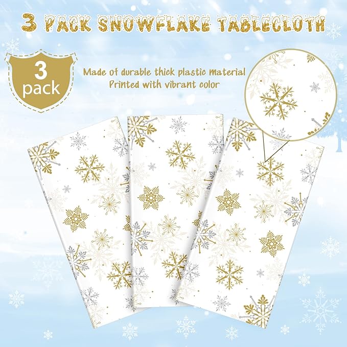 Jectivs 3Pcs Christmas Snowflake Party Tablecloths Decorations,Plastic White and Gold Table Cloth,Winter Rectangle Cover for New Year Birthday Baby Shower Holiday Decorations,54x108 inch