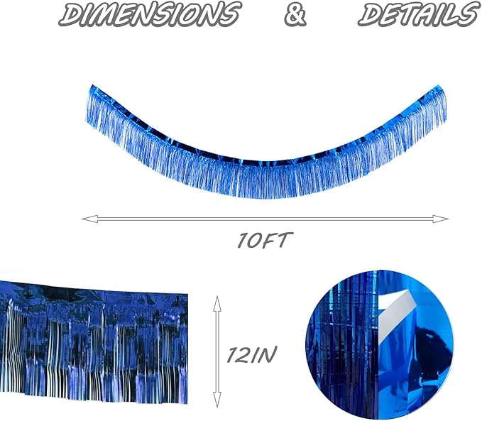 Blue Foil Fringe Garland 10FT 2packs, Metallic Foil Tinsel Fringe Banners for Parade Float Decorations Wedding, Birthday Party Graduation (Two Blue)