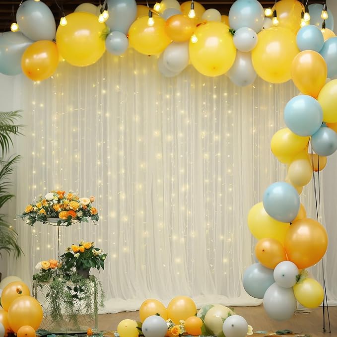 10x10ft Ivory Tulle Backdrop Curtain with Lights String for Parites, Sheer Photo Backdrop Curtain Drapes for Wedding Baby Shower Birthday Party Photo Shoot Decorations